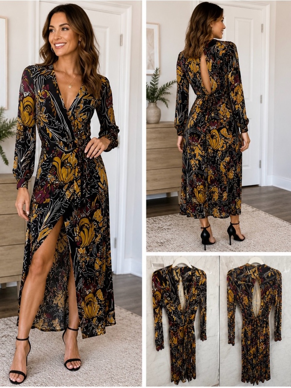 Zara Floral Wrap Dress Open Back Black Mustard Burgundy Size L